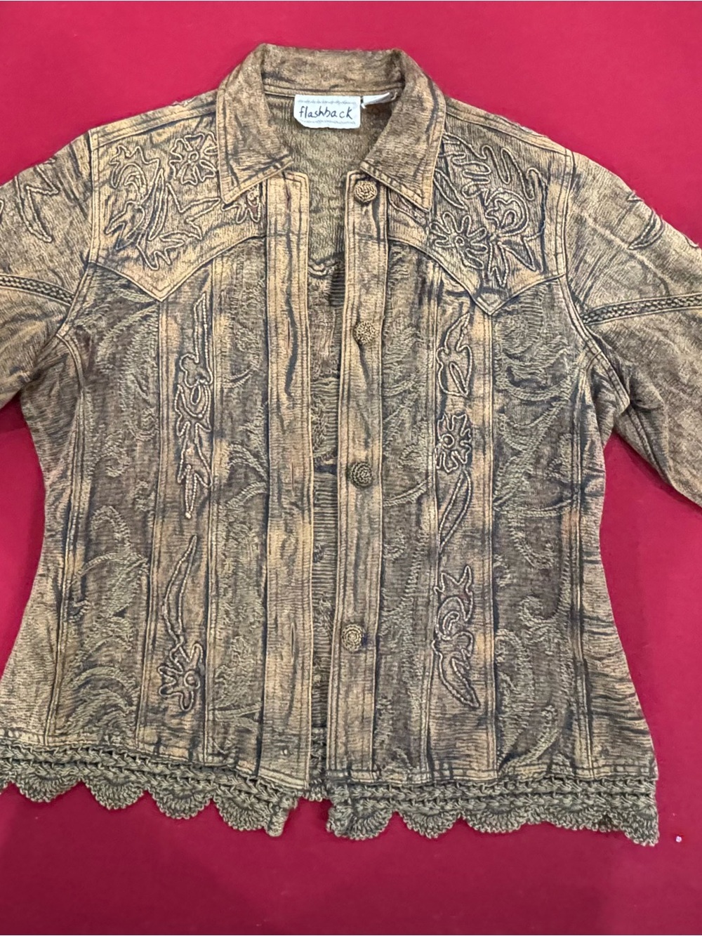 FLASHBACK Women's Detailed Tan Embroidered Button-Front Top With Small Sequins